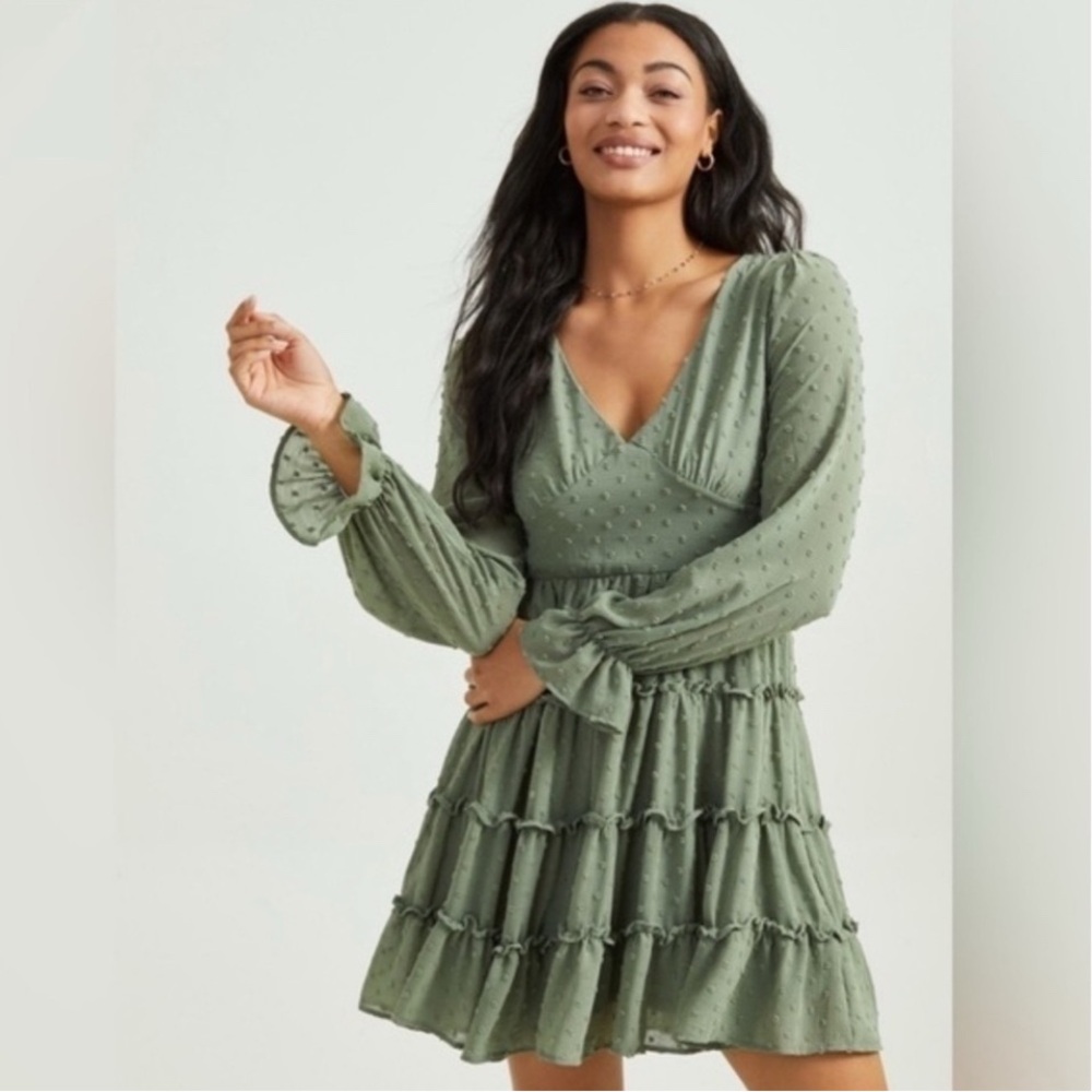 Altar'd State Teal Green Long-Sleeve Ruffle Tiered Mini Dress - Picture 3 of 10
